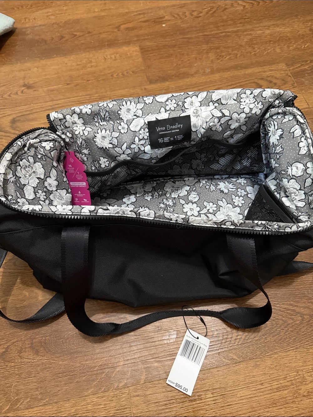 Vera Bradley Black ReActive Small Gym Bag with White Tag